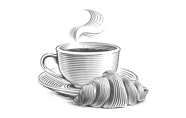 Kruvasan kahve fincanı elle çizilmiş, çıtır çıtır retro oyma tarzı. — Stok Vektör