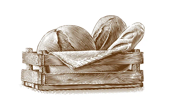 Composición de pan en cesta Dibujo a mano grabado estilo ilustración — Vector de stock