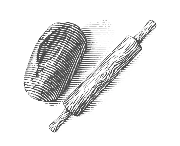 Pane e mattarello Disegno a mano schizzo incisione stile illustrazione — Vettoriale Stock