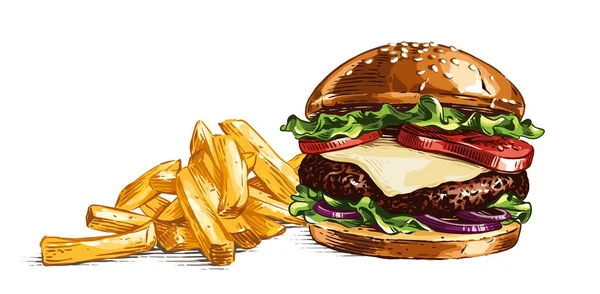 Burger couleur et frites dessin à la main croquis gravure style illustration — Image vectorielle