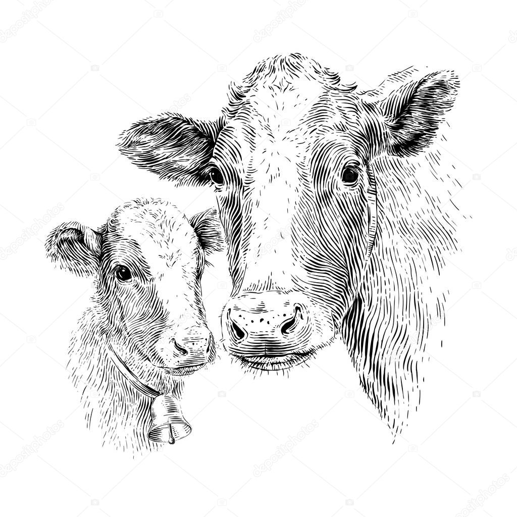 Head cow and calf hand drawing sketch engraving illustration style vector