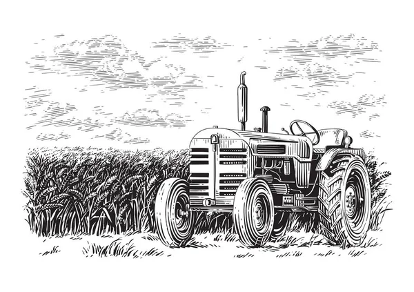 Tractor on the field hand drawing sketch engraving illustration style Stock Vector