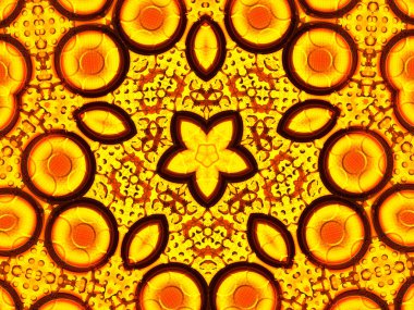 Güneş çiçeği kaleydoskopu. Güzel sarı ayçiçekleri kusursuz desen. Eşsiz kaleydoskop mozaik dokusu. Yaz zamanı çiçek teması