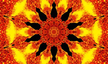 70 'lerde siyah retro desenli turuncu ışınlar. Soyut benzersiz kaleydoskop arkaplanı. Güzel kaleydoskop, kusursuz desen. Kusursuz kaleydoskop dokusu.