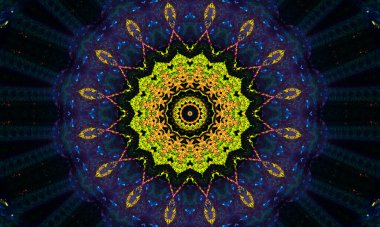 Soyut açık yeşil arkaplan, kalp şeklinde yeşil yapraklar ve kaleydoskop etkisi..