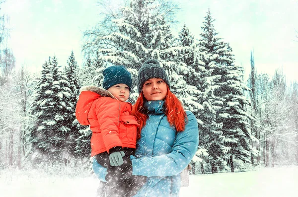 Karla kaplı Noel ağaçlarının arkasında küçük bir oğlu olan genç bir anne. Yüksek kalite fotoğraf