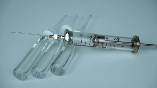 Glass Rare Soviet Syringe Needle Lies Transparent Ampoules Injections Medicine — Vídeo de Stock