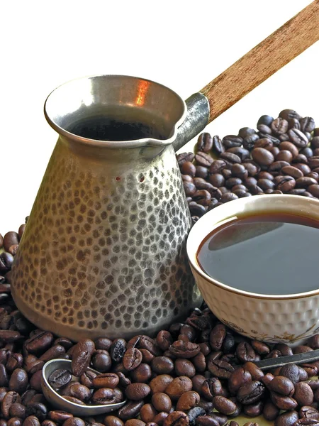 Bebida de café, feijão e caçarola — Fotografia de Stock