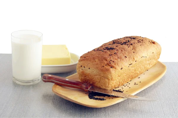 パン、牛乳、朝食のバター — ストック写真