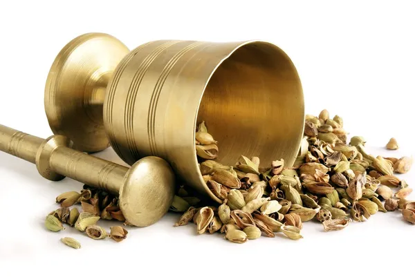 Brass montar and cardamon grains for grinding in — Stock Photo, Image