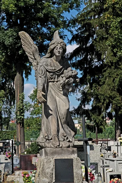 Estátua de pedra de anjo sobre túmulo no velho cemitério Jaslo — Fotografia de Stock