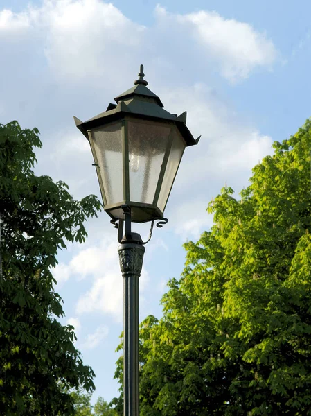 木の間の公園の電気ランプは — ストック写真