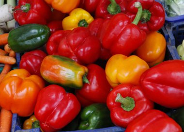 Çok renkli biber meyveleri sağlıklı sebzelerdir.