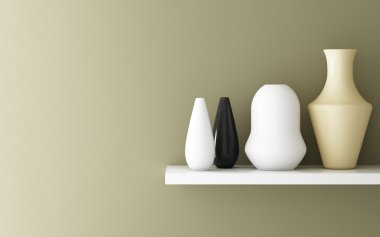 Sarı hardal duvar ve seramik raf 3d dekore edilmiş iç