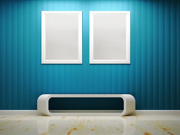 Quadro branco e parede azul interior 3d renderização — Fotografia de Stock