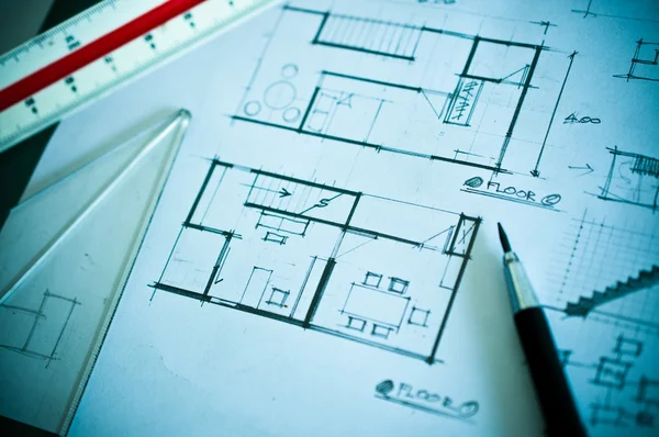 Trabajo del concepto de diseño de interiores y herramientas de dibujo — Foto de Stock