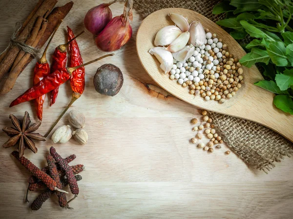 Ervas aromáticas e especiarias em madeira — Fotografia de Stock