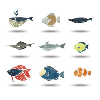 balıklar grup suluboya resim çizimi