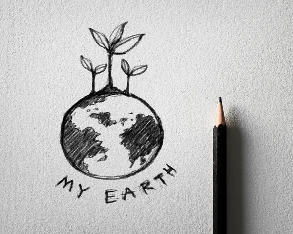 地球概念在白纸上的铅笔素描 — 图库照片