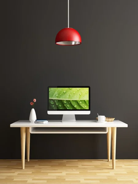 Computer su tavolo bianco di interni decorati — Foto Stock