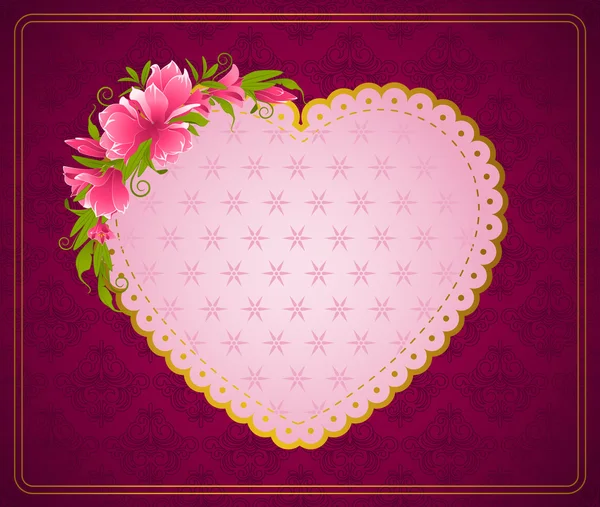 Corazón de encaje vintage con flores y adornos — Vector de stock