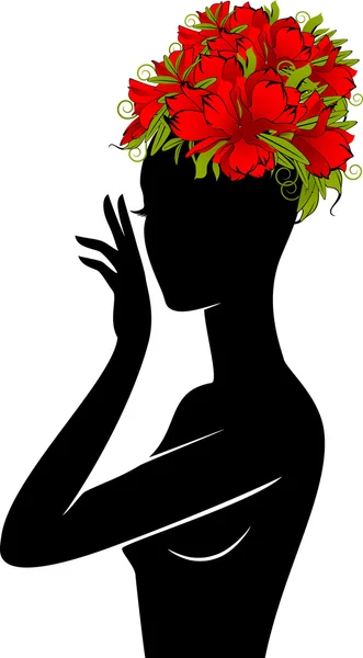 Beautiful silhouette of girl in hat from flowers — Stock Vector