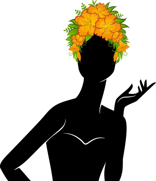 Beautiful silhouette of girl in hat from flowers on white background — Stock Vector