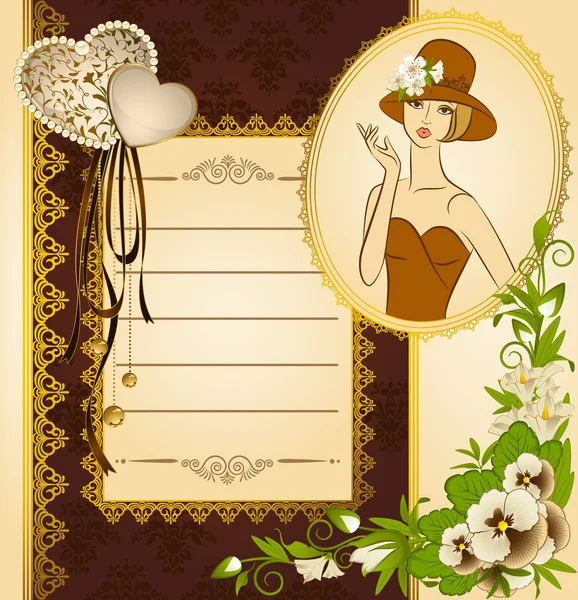 Vintage fashion woman with flowers on ornament background — Stock Vector