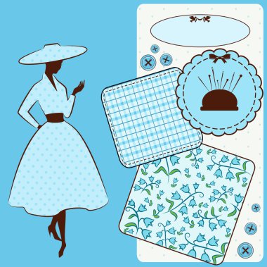 arka planda kadın silueti ile Vintage dikiş elemanları