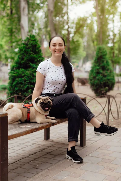 Rapariga Vai Para Passeio Com Cachorrinho Pug Parque Sentado Grama — Fotografia de Stock