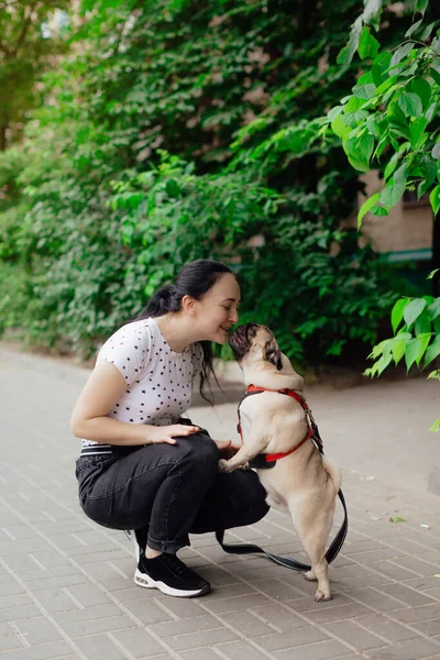 Tânăra Fată Merge Plimbare Pug Cățeluș Parc Stând Iarbă Jucându — Fotografie, imagine de stoc