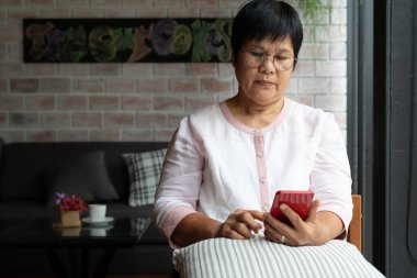 Evdeki koltukta otururken cep telefonu kullanan son sınıf öğrencisi bir kadın.