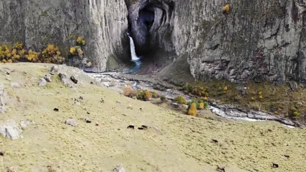 Luchtfoto van de grote waterval, Kaukasus. Krachtige stroom schoon water stroomt van de smeltende gletsjer, valt van de bergen en de blauwe rivier stroomt. Overal harde rotsen. Wilde natuur — Stockvideo