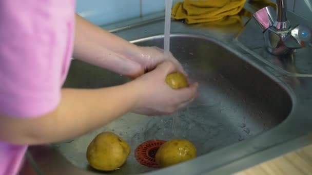 Женщина моет грязную свежую спелую картошку в серебряной раковине для приготовления пищи. Она промывает его под ручьем воды и удаляет грязь руками. Вытирает раковину влажной тканью. Здоровое питание, приготовление пищи дома — стоковое видео