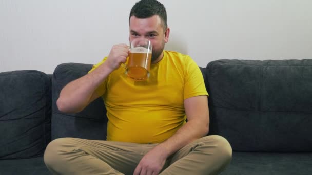 若い男がテレビの前の自宅でグレーのソファに座っていて、ガラスのマグカップからビールを楽しんで飲んでいます。大きなグラスでビールを飲み、幅広く笑顔を見せる。自宅でリラックスしてテレビを見てください。アルコール — ストック動画