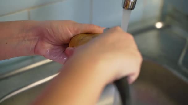 Kobiety obierają dojrzałe ziemniaki z obieraczem warzyw na srebrnym zlewie w pobliżu płynącej wody w kuchni. Metalowe urządzenie usuwa cienką warstwę ziemniaków. Zdrowe jedzenie, warzywa, gotowanie w domu — Wideo stockowe