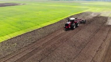 Kırmızı hasat aracı tarlayı geçip toprağı sürüyor. Tarlaya tahıl eker. O araba kullanır ve şerit şeklinde izler bırakır. Rus tarlası, hasat, tahıl, tarım, tarım, tarım, modern teknolojiler