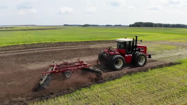 Red harvester drives across field and plows earth. Sows grain in field. He drives and leaves tracks in form of stripes. Russian field, harvesting, grain, agriculture, cultivation, modern technologies — Stock videók