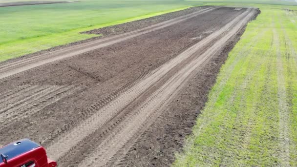 Red harvester drives across field and plows earth. Sows grain in field. He drives and leaves tracks in form of stripes. Russian field, harvesting, grain, agriculture, cultivation, modern technologies — 图库视频影像