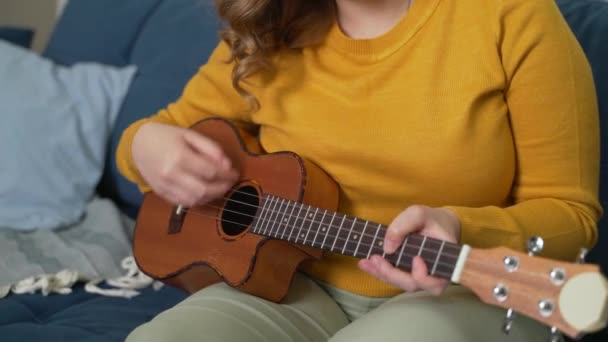Framförande av sång på ukulele. Ena handen slår försiktigt gitarrsträngarna till rytmen, fingrarna på den andra handen klämmer musikaliska ackord på instrumentets hals. Musikskola, online-utbildning — Stockvideo