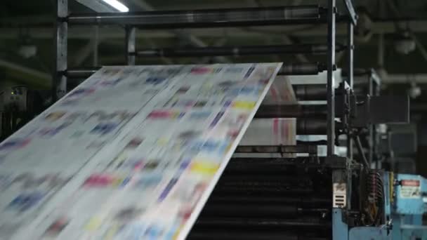 Newspaper Printing Large Machines Conveyor Application Color Text Illustrations Paper — Stock video