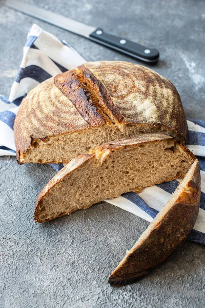 Sliced Rye Sourdough Bread Napkin Gray Background Artisanal Bread Concept — Stockfoto