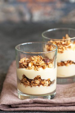 Granola with yogurt dessert in a glass. Gray background. Healthy eating or breakfast concept. Close up.
