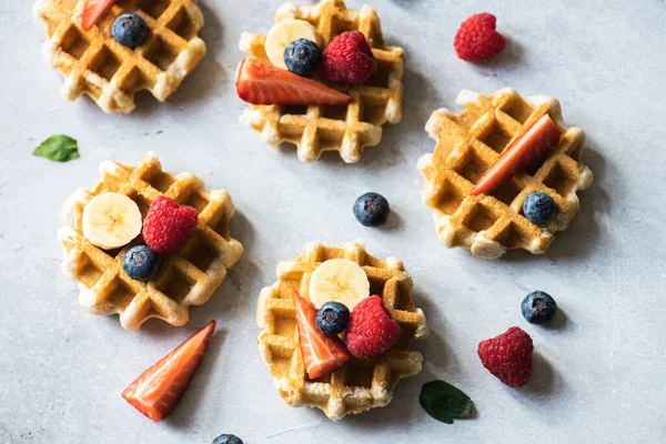 Delicious Belgian Waffles Berries Gray Background Top View — Stock Photo, Image