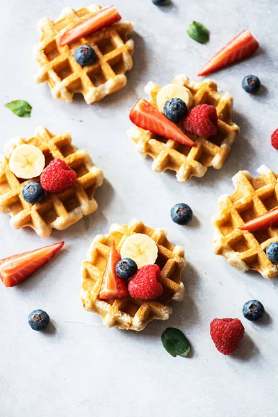 Set Belgian Waffles Berries Gray Background Top View — Stock Photo, Image