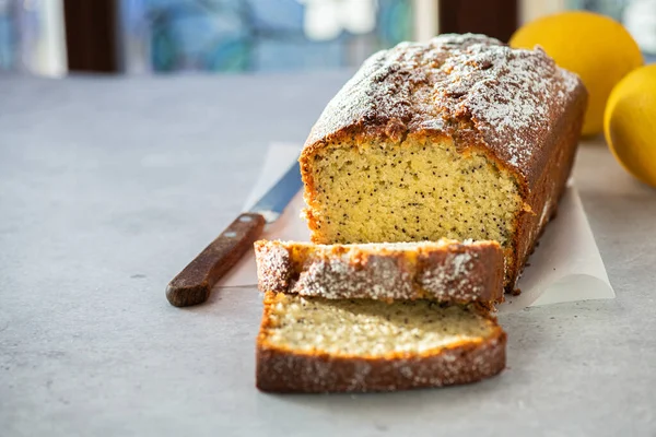 Sliced Lemon Cake Poppy Seeds Gray Background Copy Space — 스톡 사진