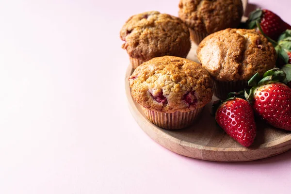 Strawberry Muffins Served Plate Pink Background Copy Space Stock Photo