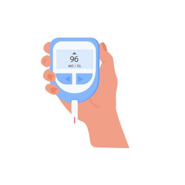 Şeker seviyesini parmak çubuğuyla ölçmek için insan eliyle glukometreyi tutuyor. Kan şekeri testi. Diyabet izleme ve analiz. Şeker testi kontrolü ve glikoz seviyesi için tıbbi cihaz. Vektör.