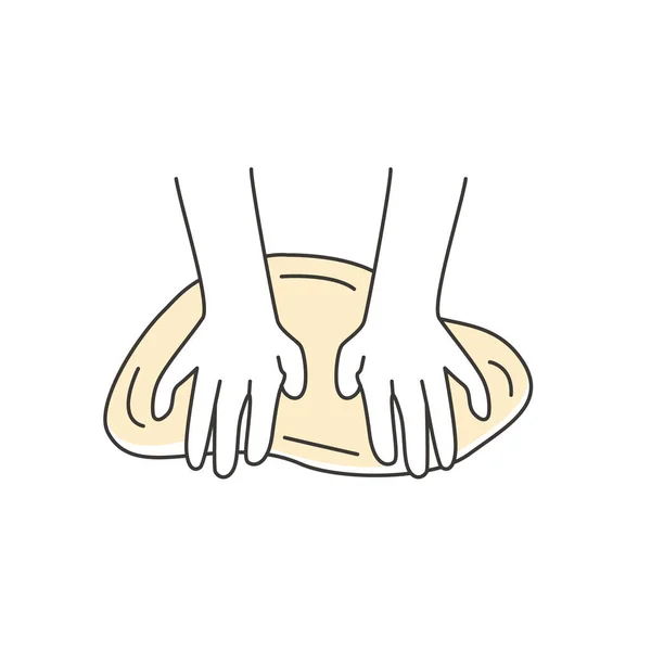 Kneading or pressing dough for pizza outline icon. Hands and batter. Homemade bakery. Making sourdough bread preparation step. Instruction for baking recipe. Flat vector cartoon illustration. — Stock Vector