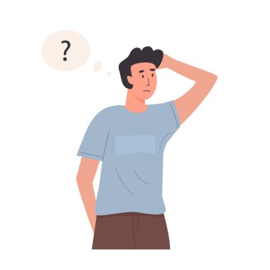 Düşünen erkek karakteri. Soru işareti olan düşünceli bir kişinin portresi. Genç adam problem çözüyor, karar veriyor. Düz biçim vektör illüstrasyonu.